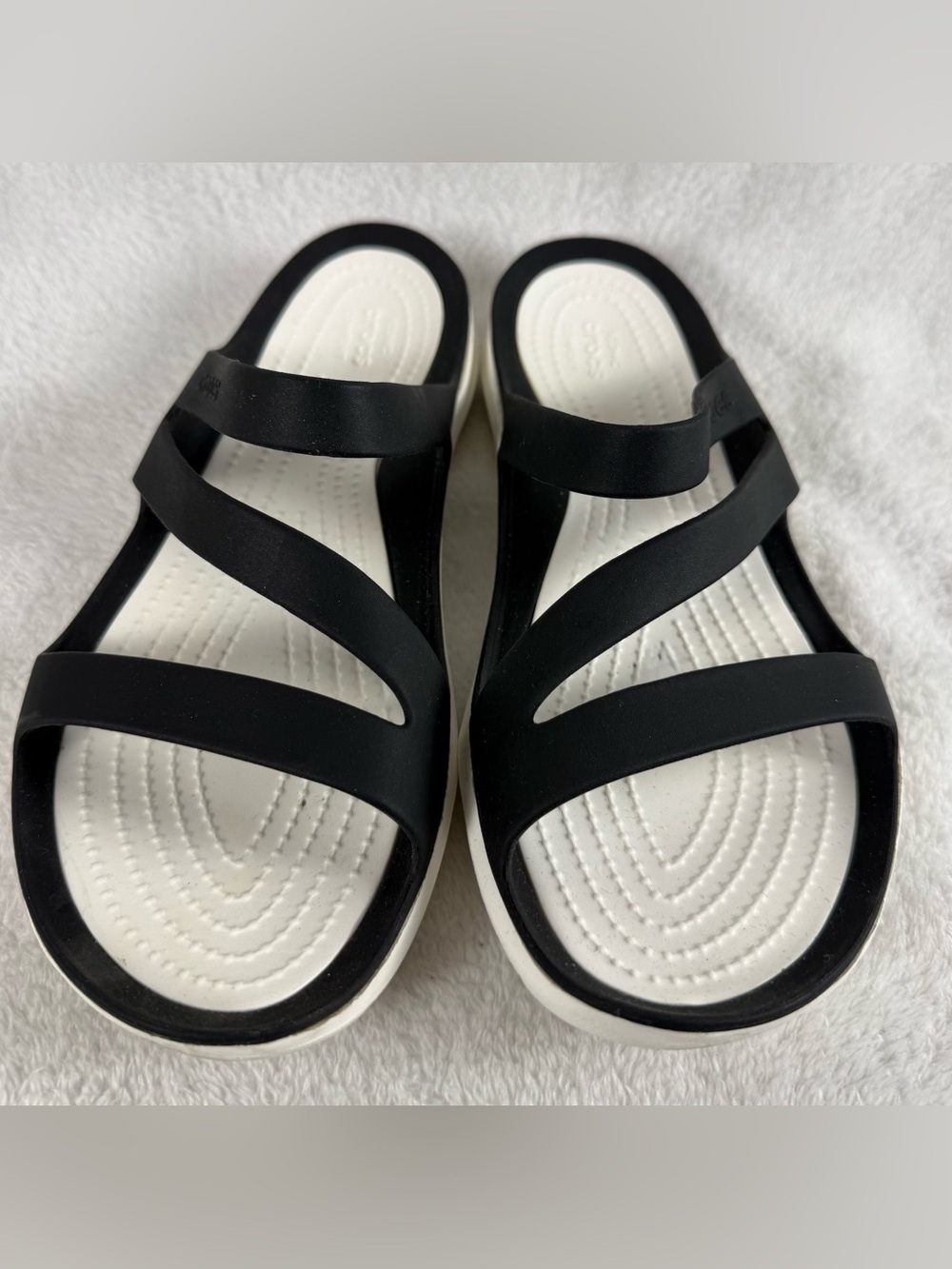 CROCS Women's Black Strappy Slide Sandals with White Footbed- Size 9M